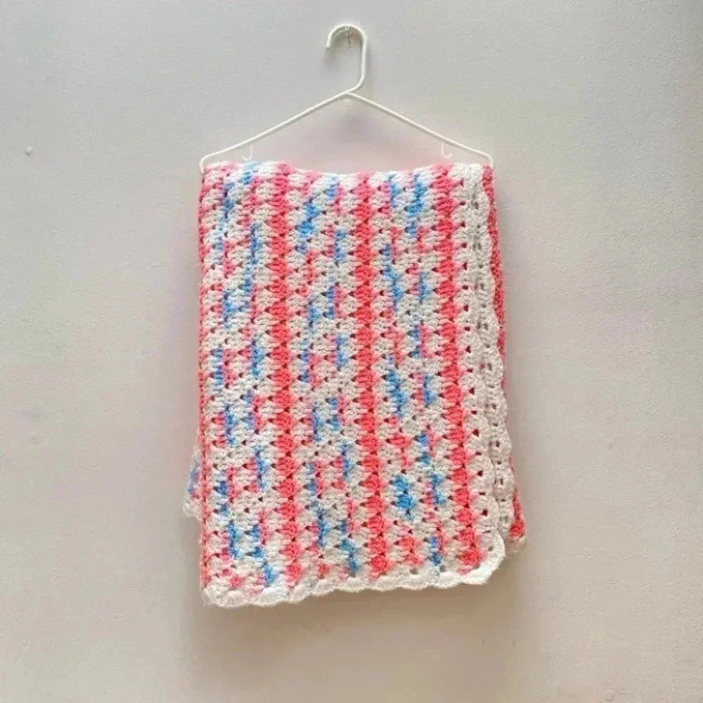 Vintage - Handmade Knit Pastel Pink Blue White Crochet Blanket